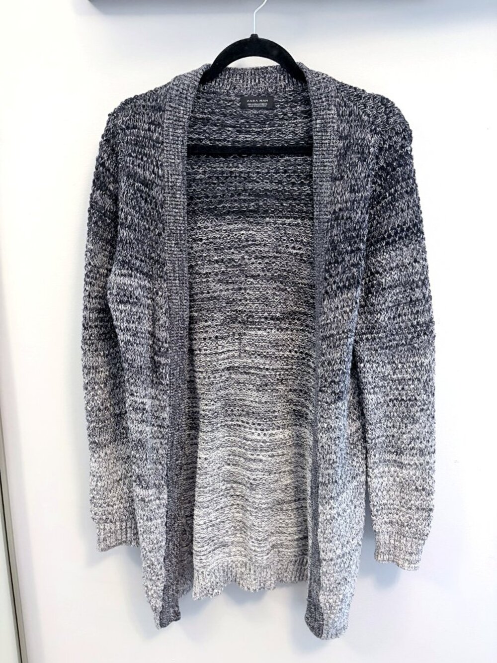 Zara Man Black White Marled Longline Open Cardigan Sweater M